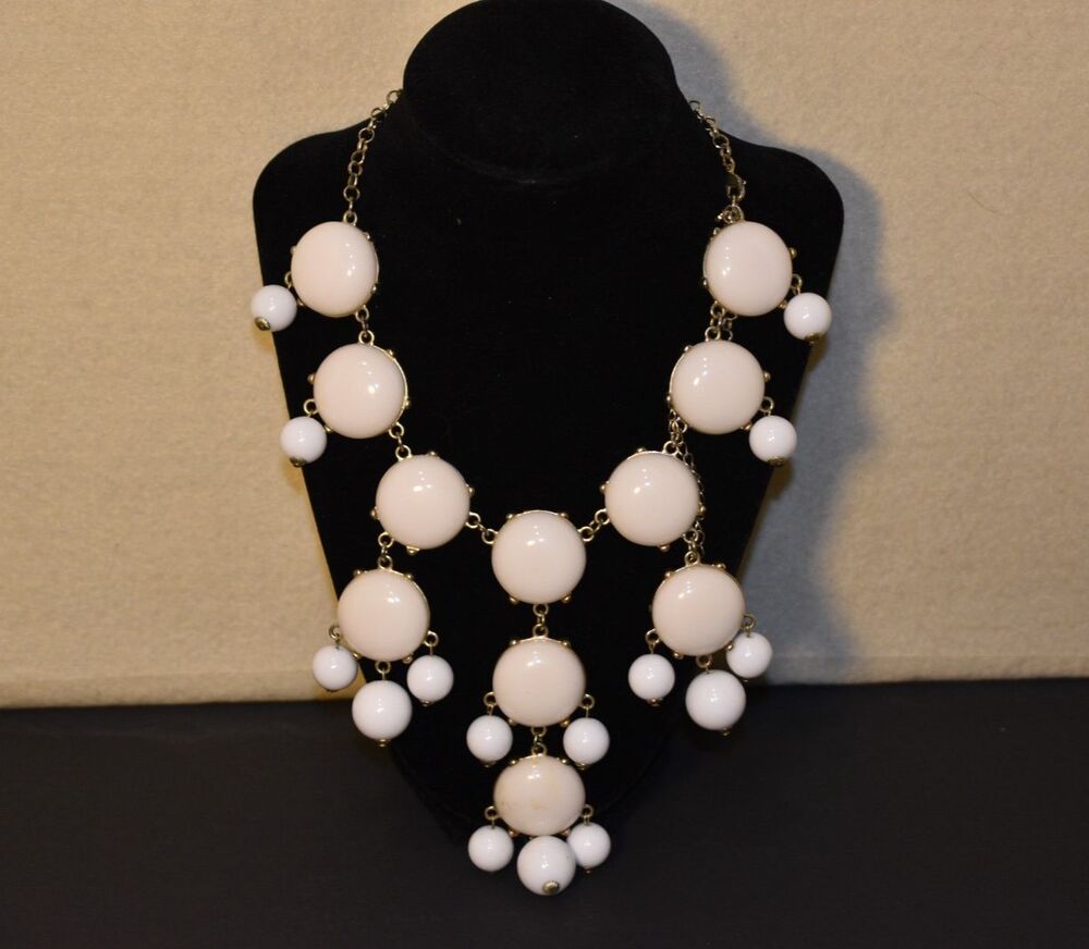 VTG White & Cream Bubble Statement Bib Necklace Gold Tone 22" BOHO Unmarked